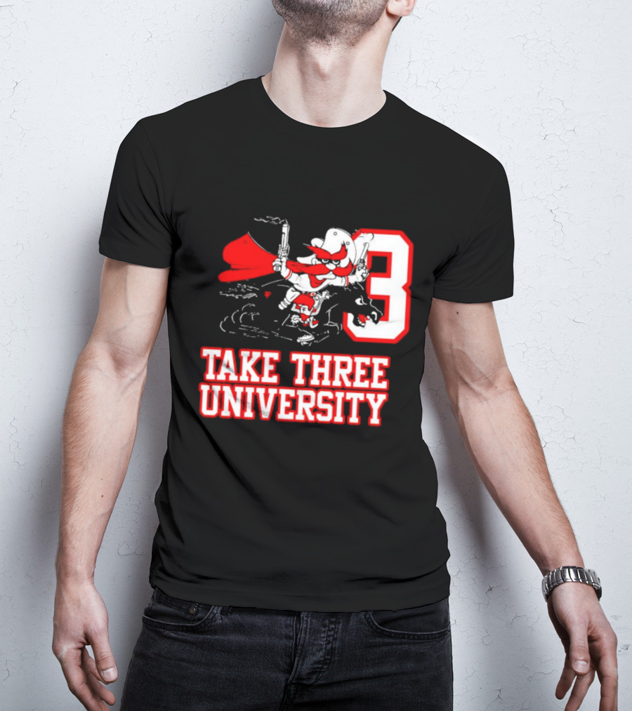 Take Three University Cowboy Mascot With Dual Pistols Number 3 T-Shirt