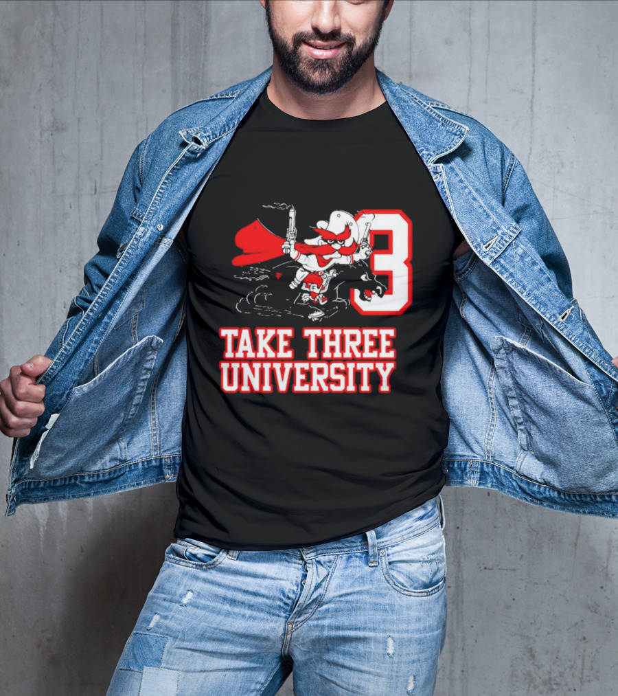Take Three University Cowboy Mascot With Dual Pistols Number 3 T-Shirt