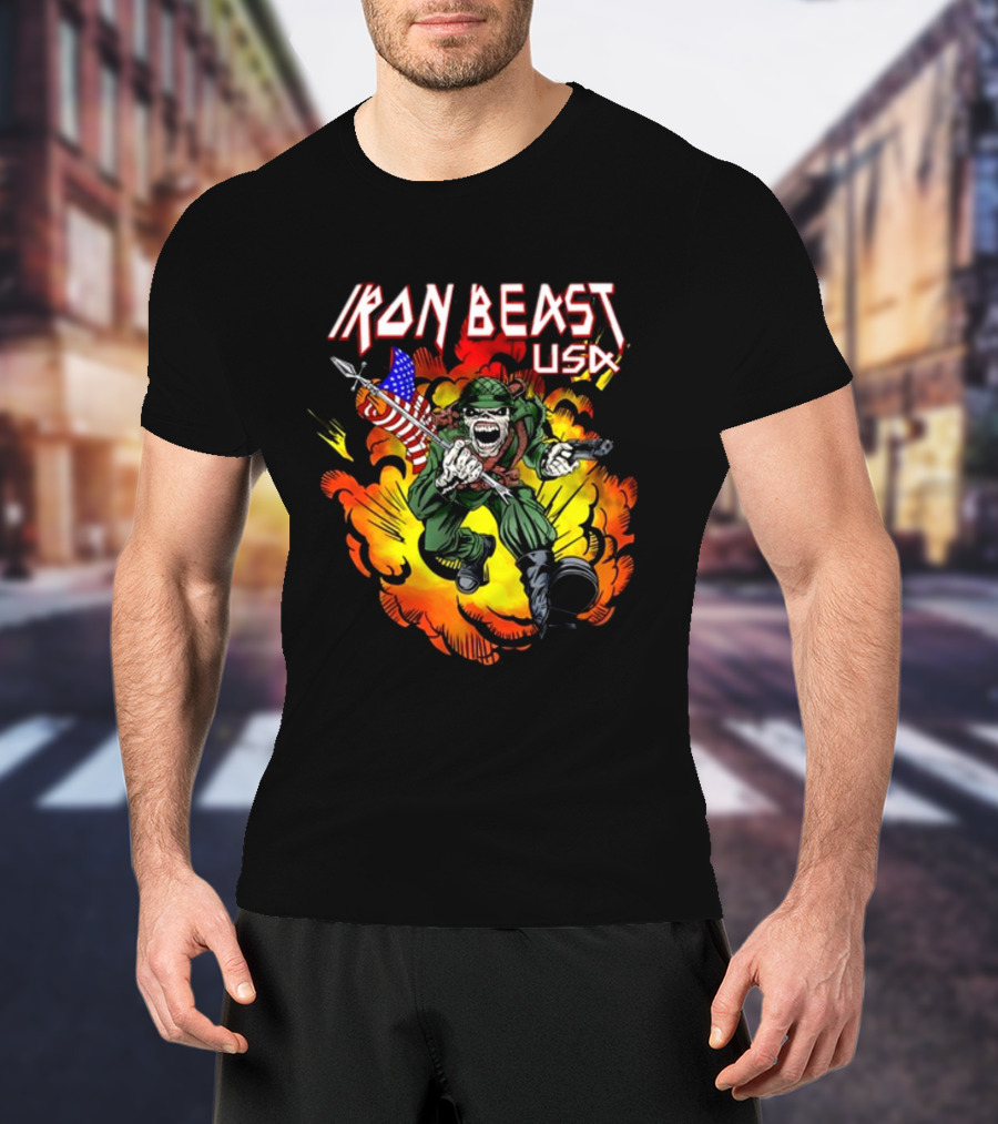 Iron Beast USA Explosive Soldier With American Flag T-Shirt