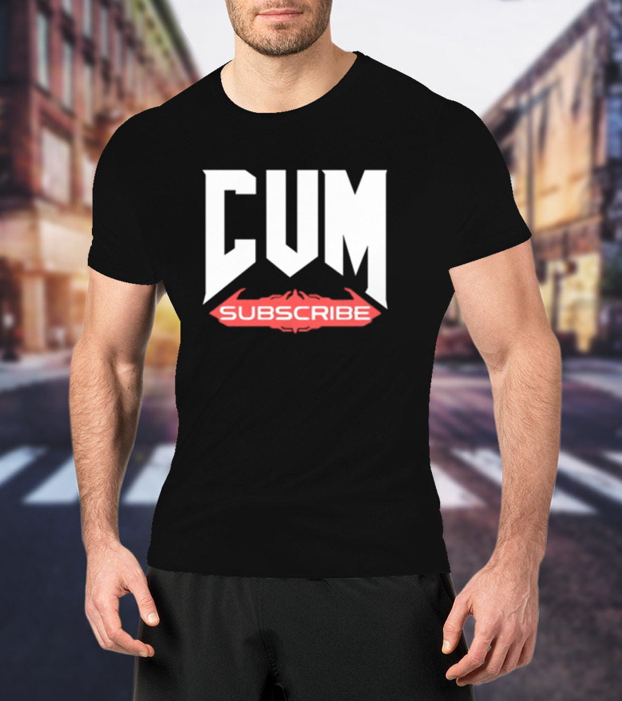 CUM Subscribe Doom Inspired Logo Gaming Meme T-Shirt