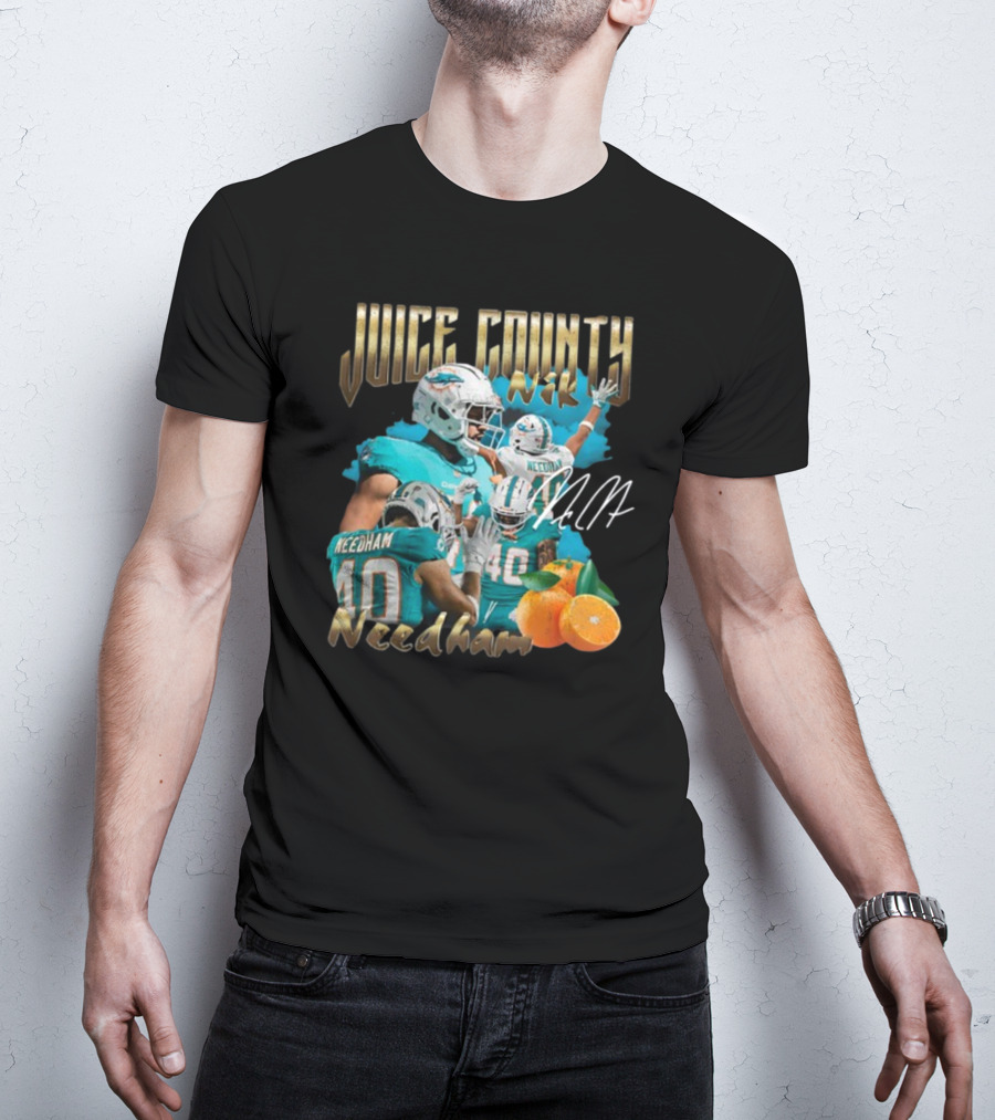 Clincboyzclothing Juice County Nik Needham Dolphins Football Player Signature Oranges T-Shirt