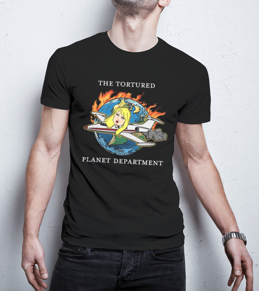 THE TORTURED PLANET FLAMING GLOBE AIRPLANE CARICATURE DEPARTMENT T-Shirt