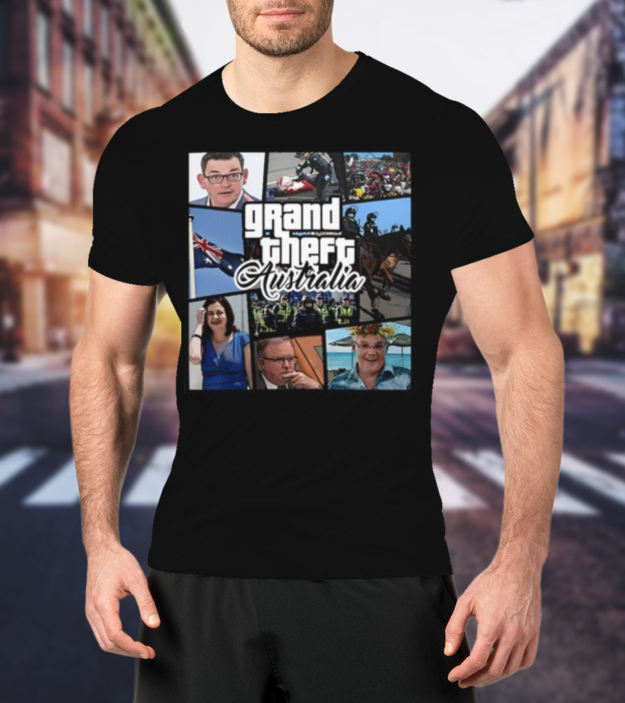 Grand Theft Australia Aussiebotstudio Political And Cultural Satire Collage T-Shirt