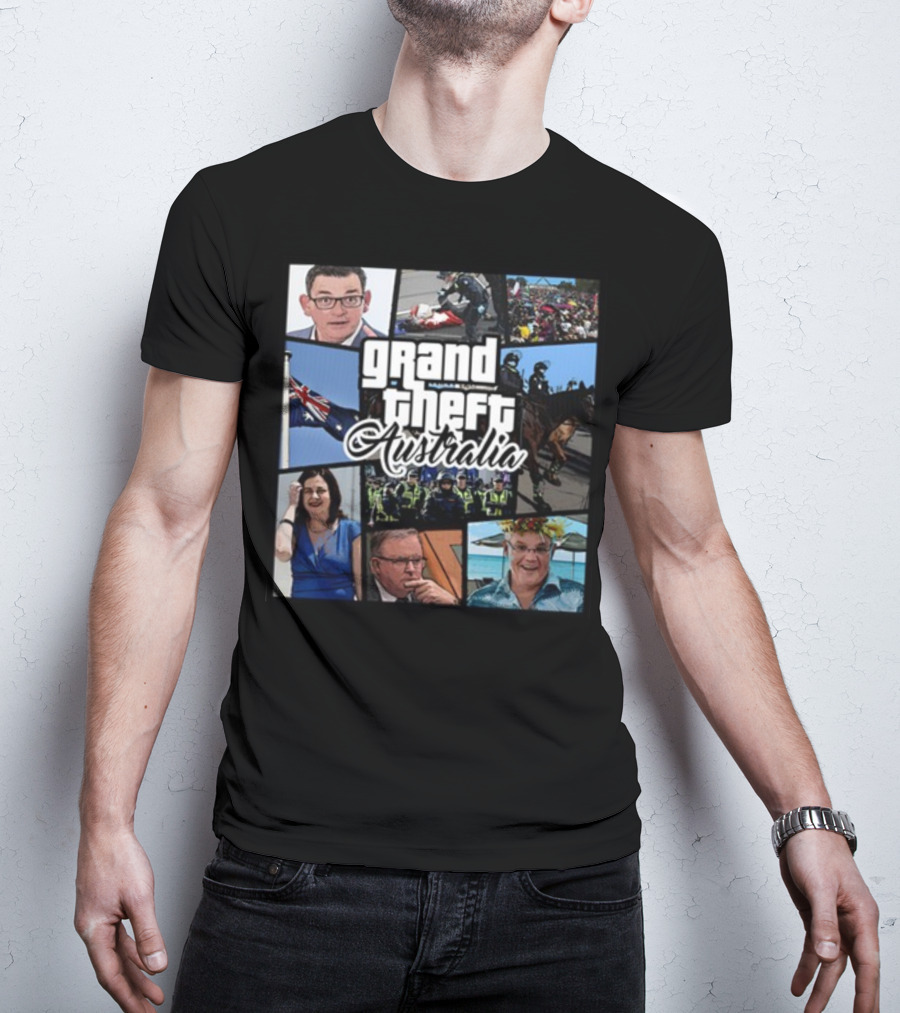 Grand Theft Australia Aussiebotstudio Political And Cultural Satire Collage T-Shirt