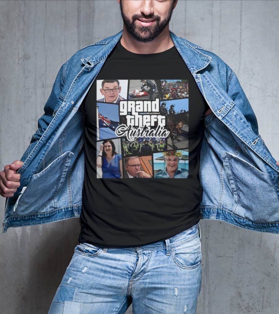 Grand Theft Australia Aussiebotstudio Political And Cultural Satire Collage T-Shirt