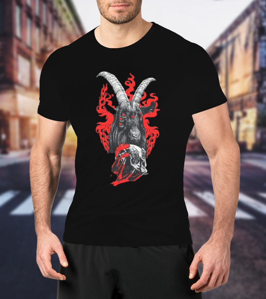 Blackcraft Cult Baphomet Goat Devil Skull With Red Flames And Hexed Hooves T-Shirt