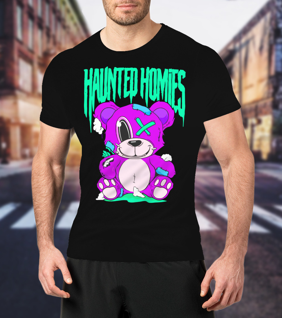 HAUNTED HOMIES Purple Teddy Bear Crossed Eye Patchwork T-Shirt
