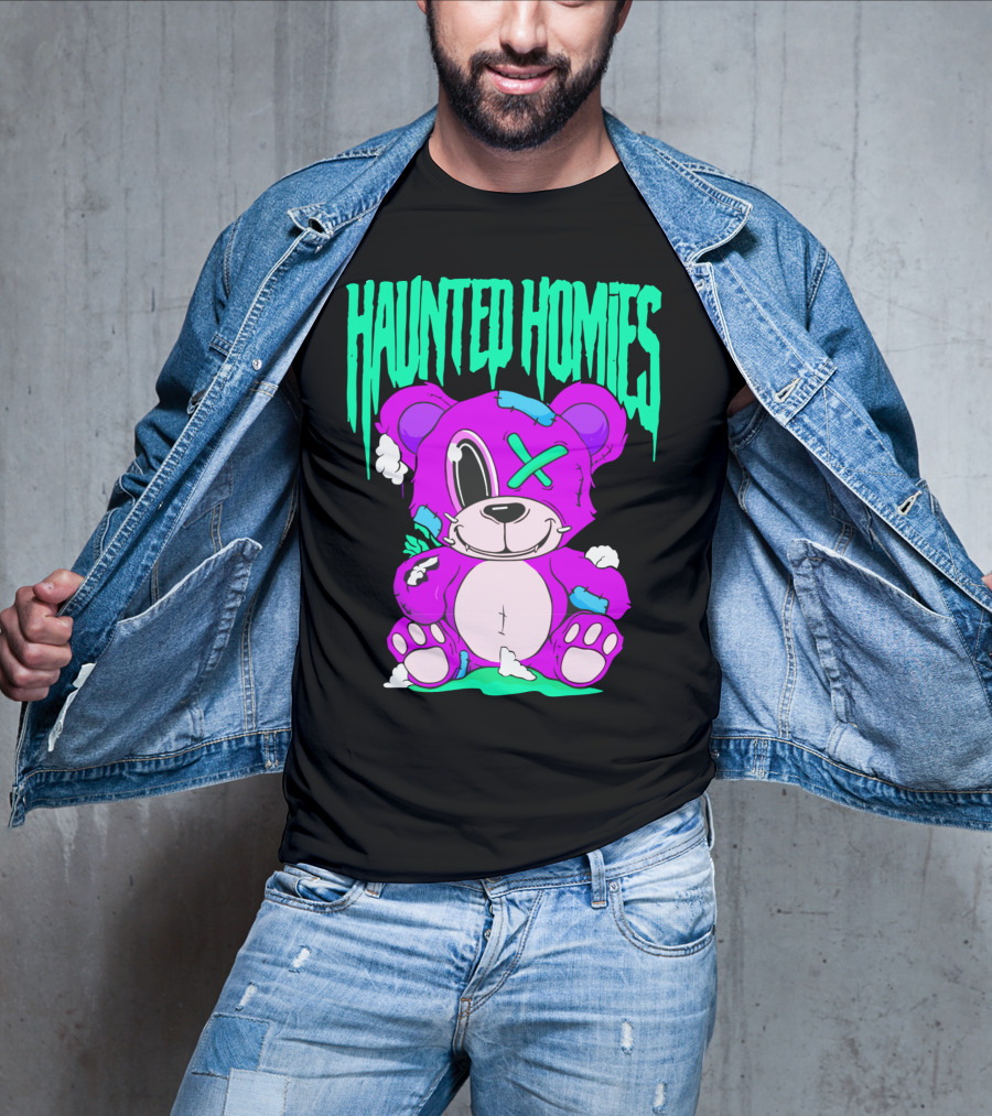HAUNTED HOMIES Purple Teddy Bear Crossed Eye Patchwork T-Shirt