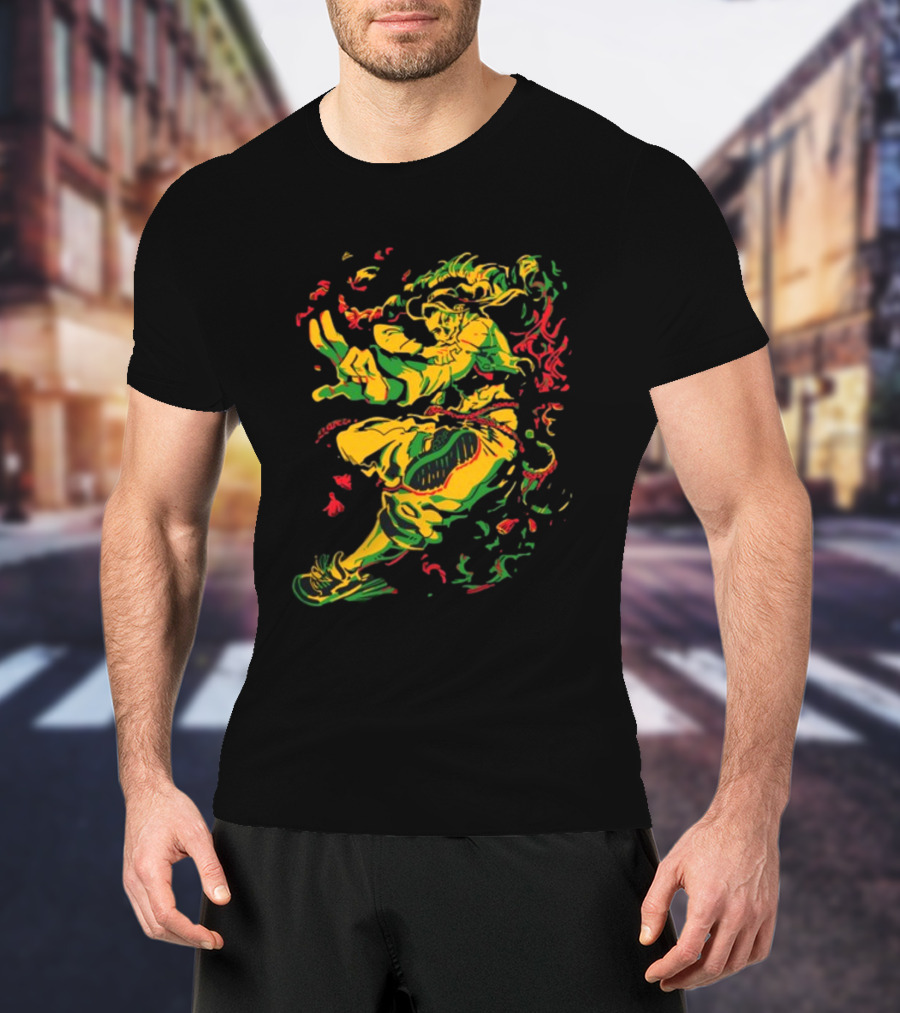 Theyetee Jamie Street Fighter Character Dynamic Pose With Colorful Energy Explosion T-Shirt