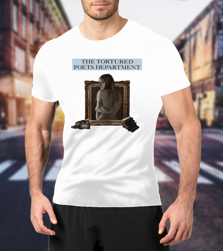 Chartsandshirts The Tortured Poets Department Framed Figure With Books And Typewriter T-Shirt