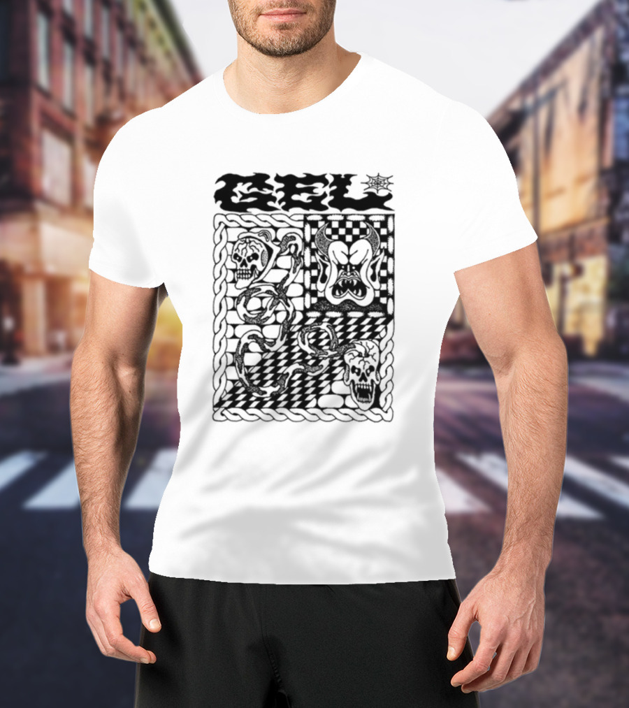 Gel Skull Chains Flames Checkered T-Shirt