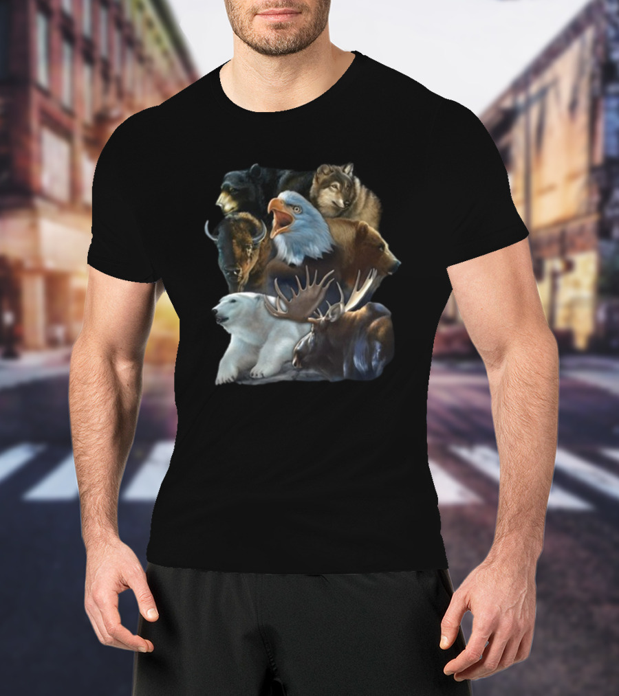 Wild Animal Collage Bear Wolf Eagle Moose Bison Polar Bear Crewneck T-Shirt