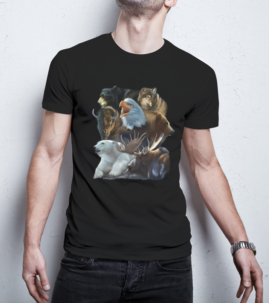 Wild Animal Collage Bear Wolf Eagle Moose Bison Polar Bear Crewneck T-Shirt