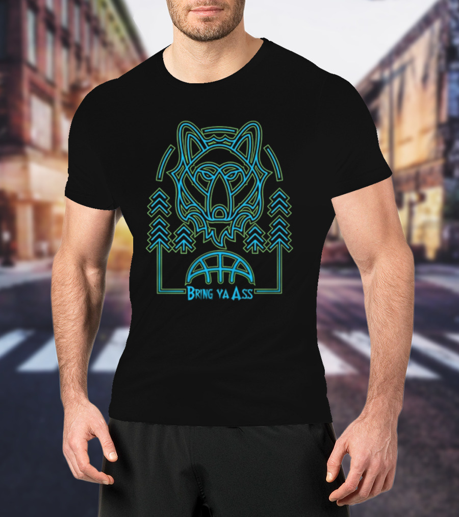 HeadFlyer Brewing Bring Ya Ass Neon Wolf And Trees T-Shirt