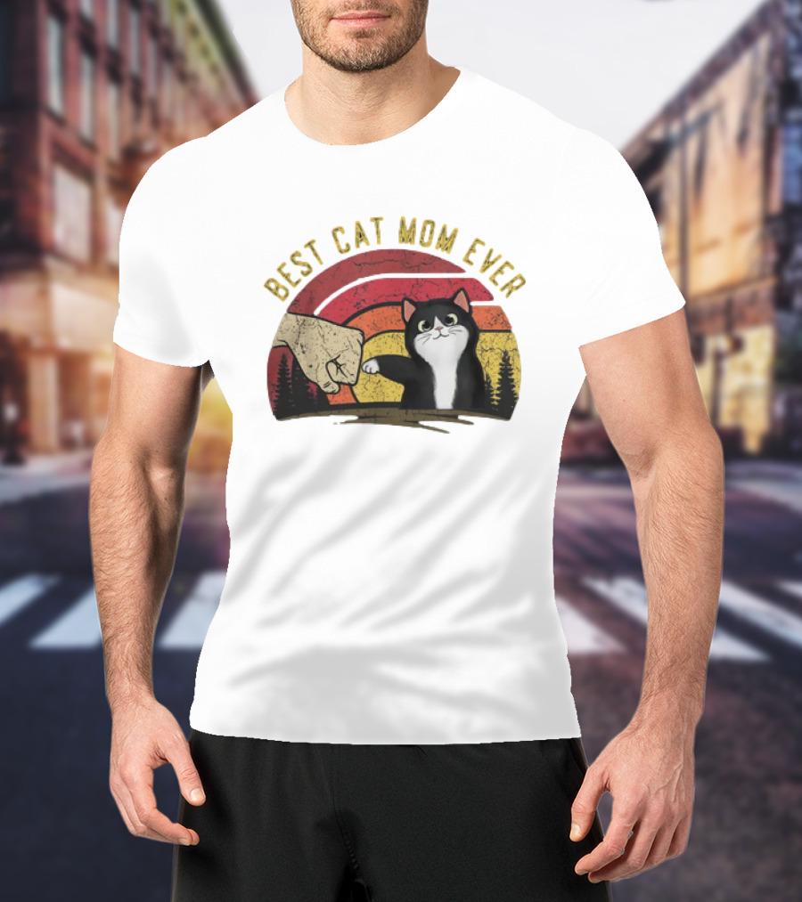 Best Cat Mom Ever Vintage Rainbow Sunset Fist Bump Cat T-Shirt