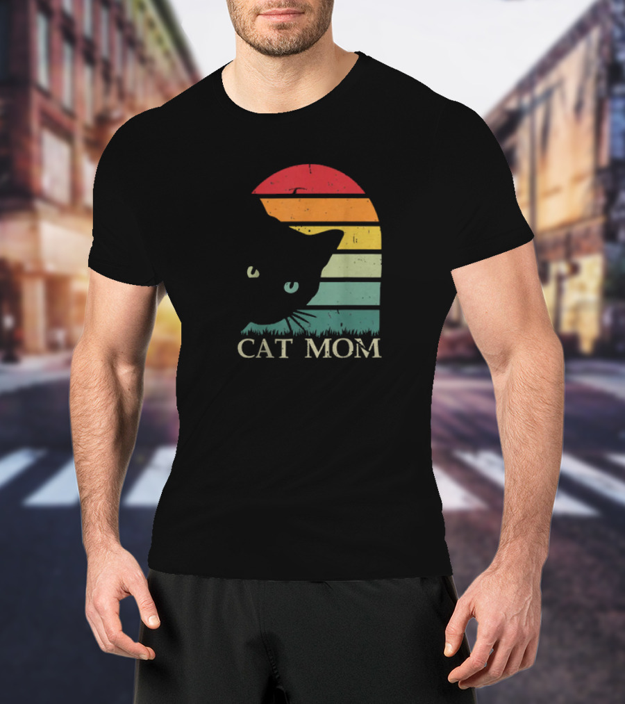 Vintage Cat Mom For Women Funny Cat Mom Mother Retro Sunset Cat T-Shirt