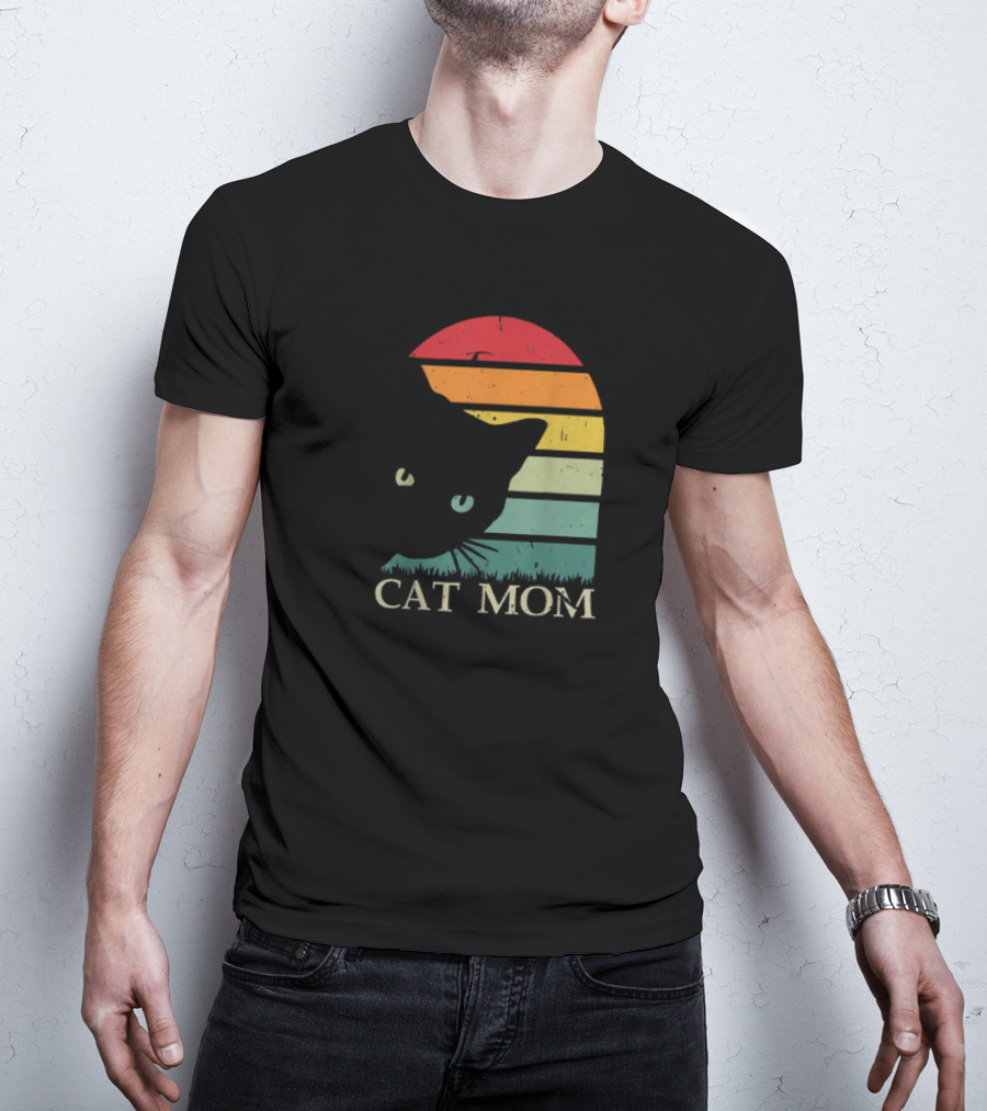Vintage Cat Mom For Women Funny Cat Mom Mother Retro Sunset Cat T-Shirt