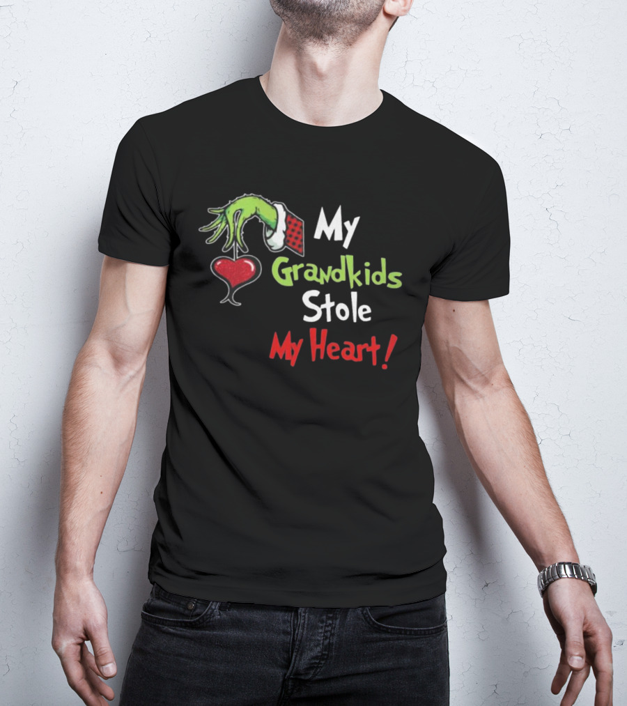 Grinch Green Monster Christmas My Grandkids Stole My Heart Kids Textured Sleeves T-Shirt