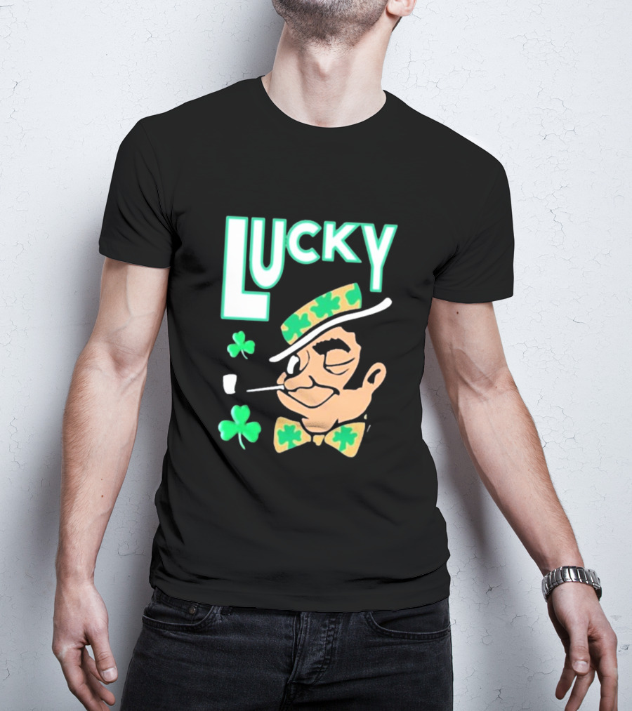 Boston Celtics Lucky The Leprechaun Shamrock Winking Pipe T-Shirt