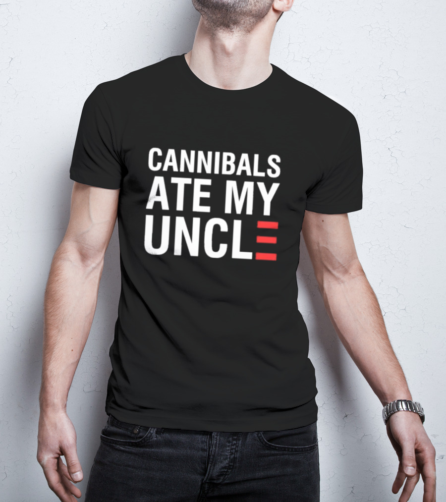 Cannibals Ate My Uncle White Text Red Stripes T-Shirt