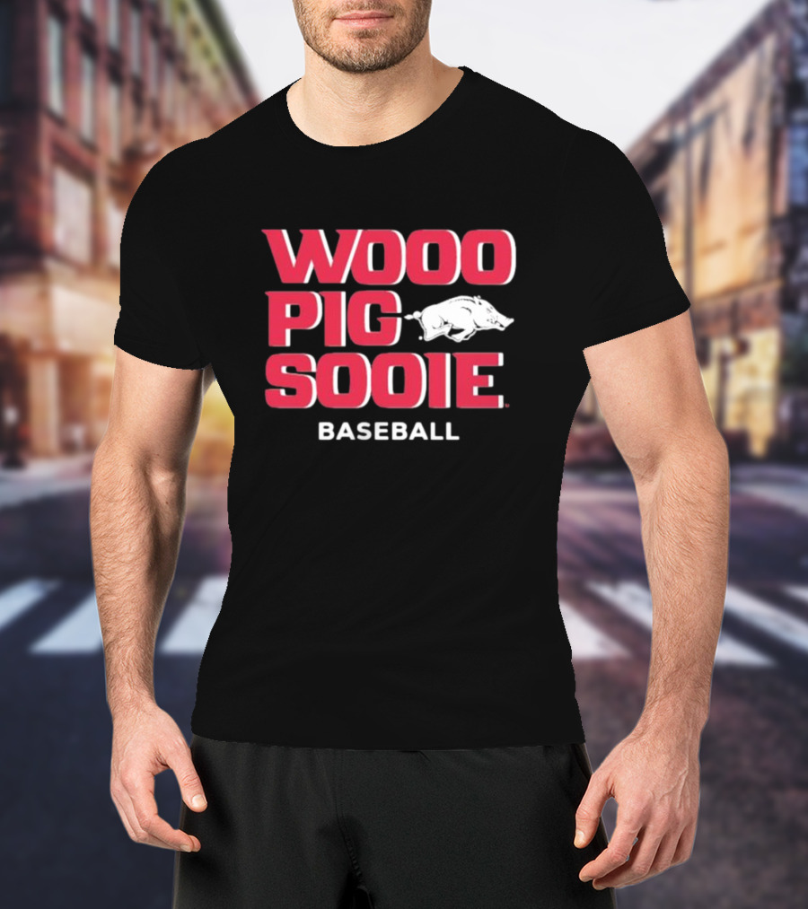 Wooo Pig Sooie Arkansas Baseball Black Pig T-Shirt