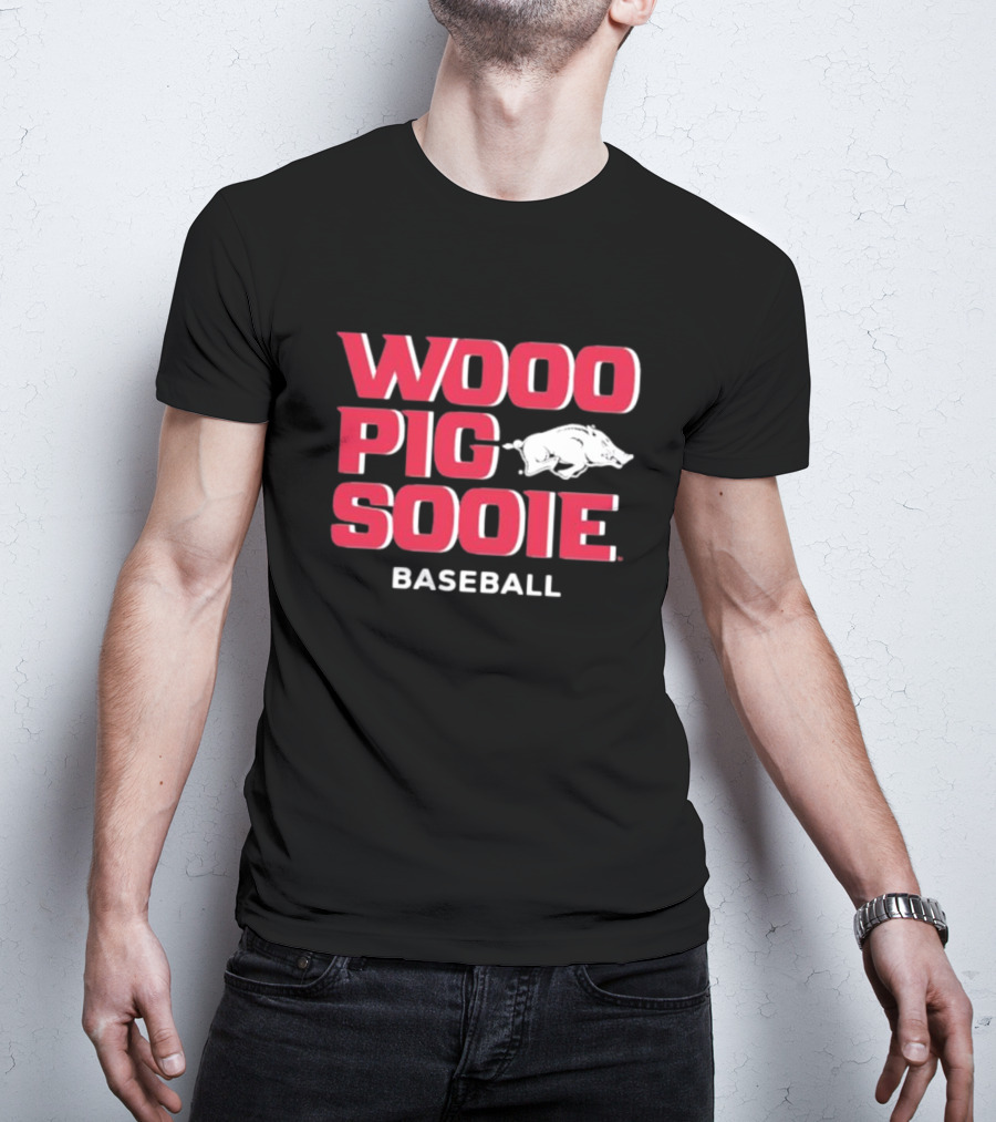 Wooo Pig Sooie Arkansas Baseball Black Pig T-Shirt