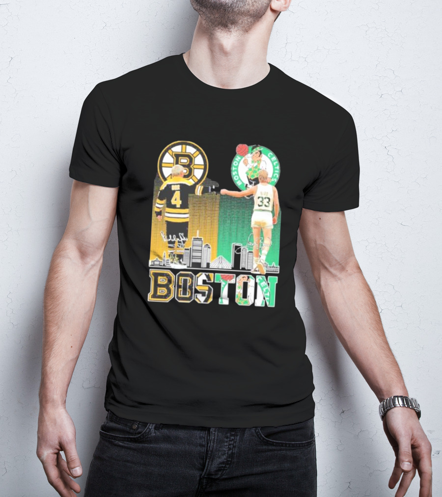 Bobby Orr Boston Bruins Larry Bird Boston Celtics Skyline Signatures Logos And Boston Text T-Shirt