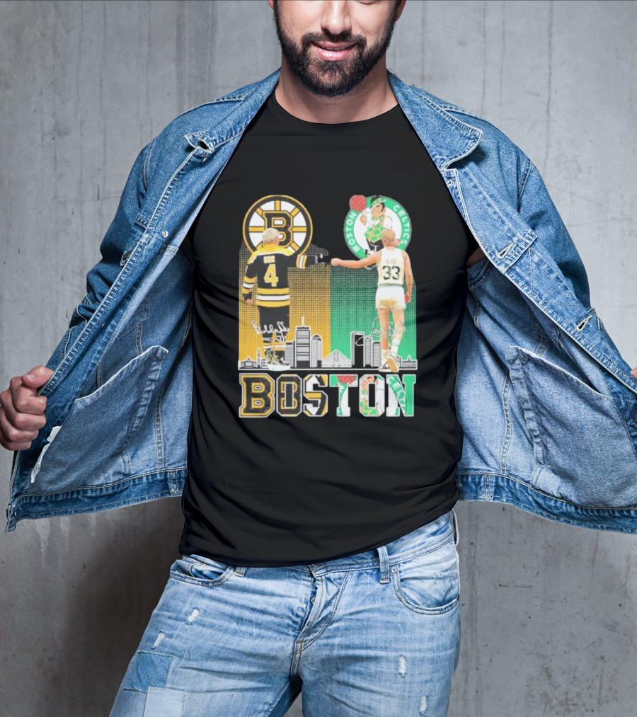 Bobby Orr Boston Bruins Larry Bird Boston Celtics Skyline Signatures Logos And Boston Text T-Shirt