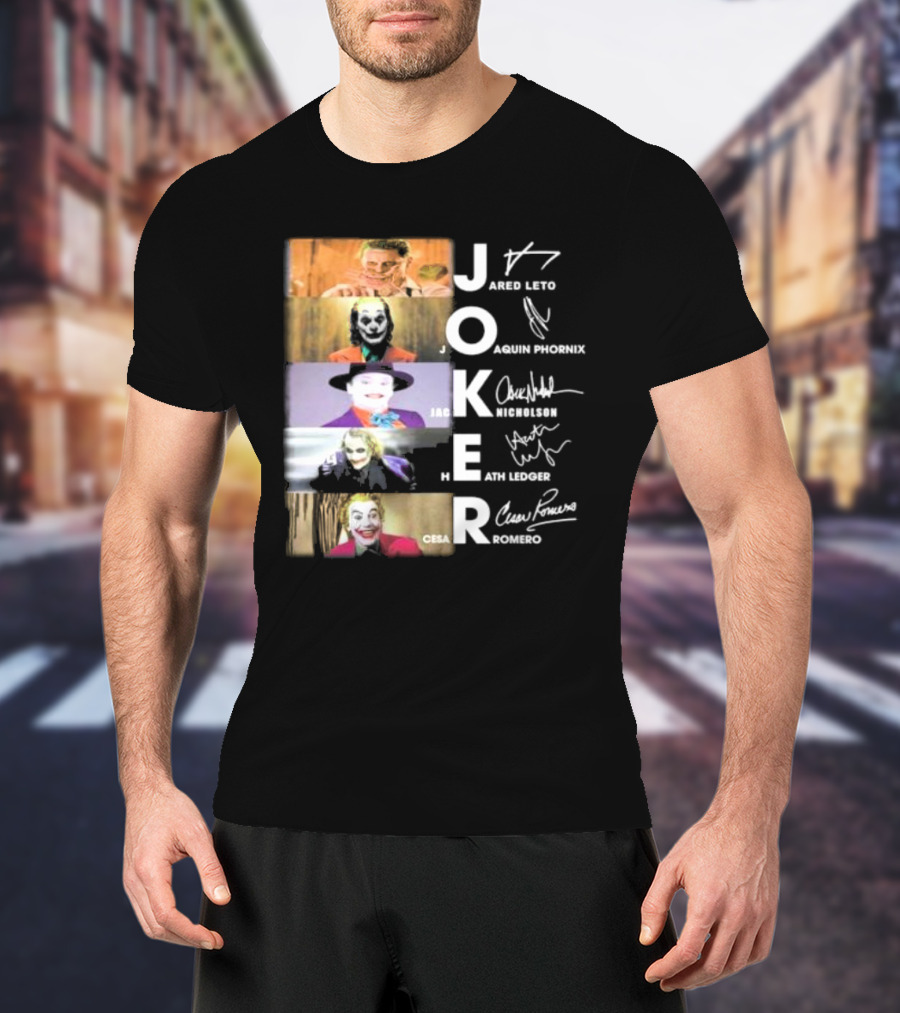 Joker Jared Leto Joaquin Phoenix Jack Nicholson Heath Ledger Cesar Romero Signatures DC Comics Movies All Stars Eras T-Shirt
