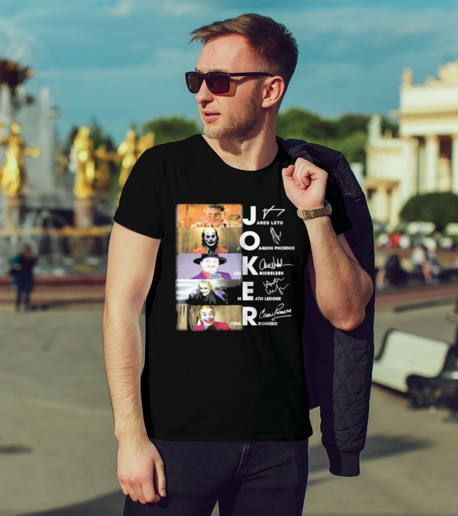 Joker Jared Leto Joaquin Phoenix Jack Nicholson Heath Ledger Cesar Romero Signatures DC Comics Movies All Stars Eras T-Shirt
