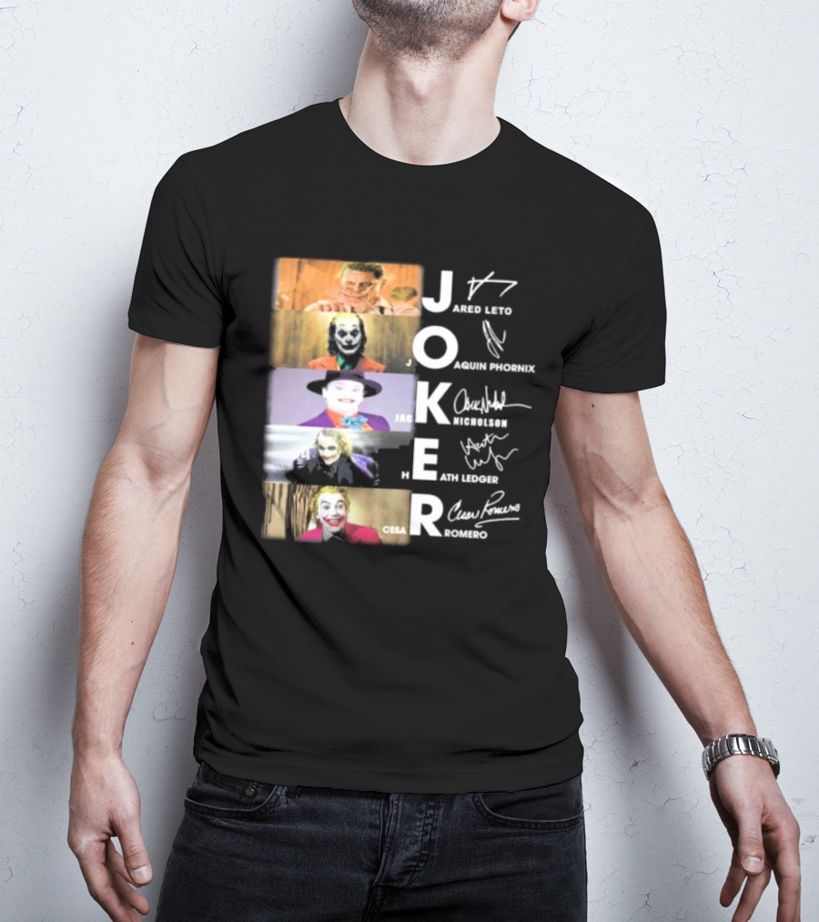 Joker Jared Leto Joaquin Phoenix Jack Nicholson Heath Ledger Cesar Romero Signatures DC Comics Movies All Stars Eras T-Shirt