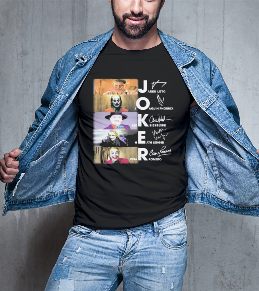 Joker Jared Leto Joaquin Phoenix Jack Nicholson Heath Ledger Cesar Romero Signatures DC Comics Movies All Stars Eras T-Shirt