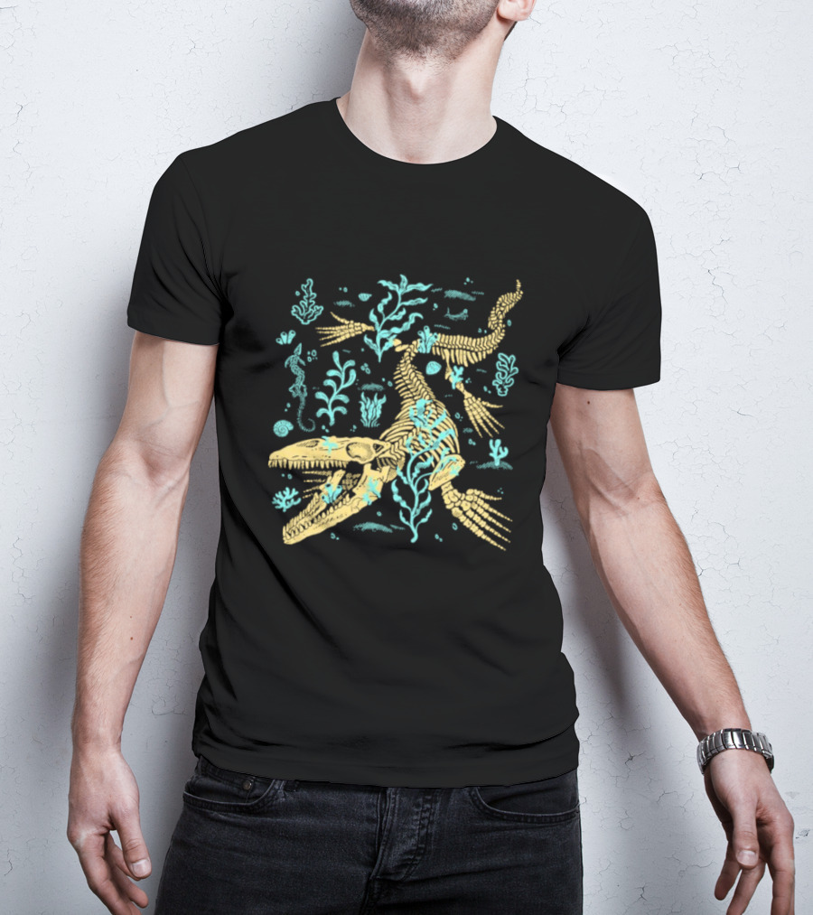 Mosasaurus Fossils Fitas Underwater Skeleton And Seaweed Scene T-Shirt