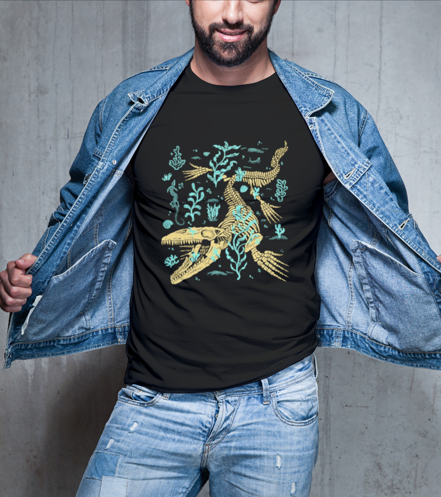 Mosasaurus Fossils Fitas Underwater Skeleton And Seaweed Scene T-Shirt