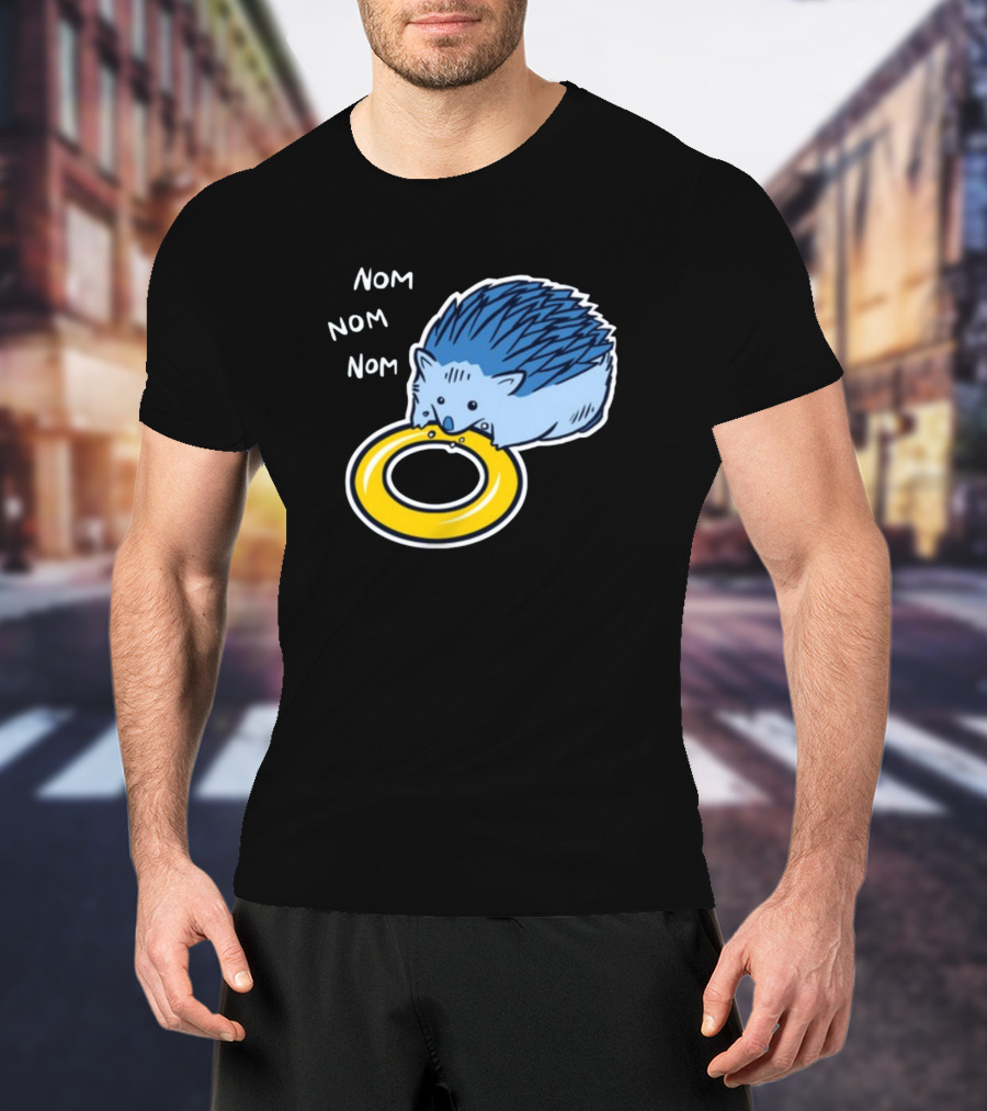 Sam Logan Hungry Blue Hedgehog Nom Nom Nom Eating Yellow Ring T-Shirt