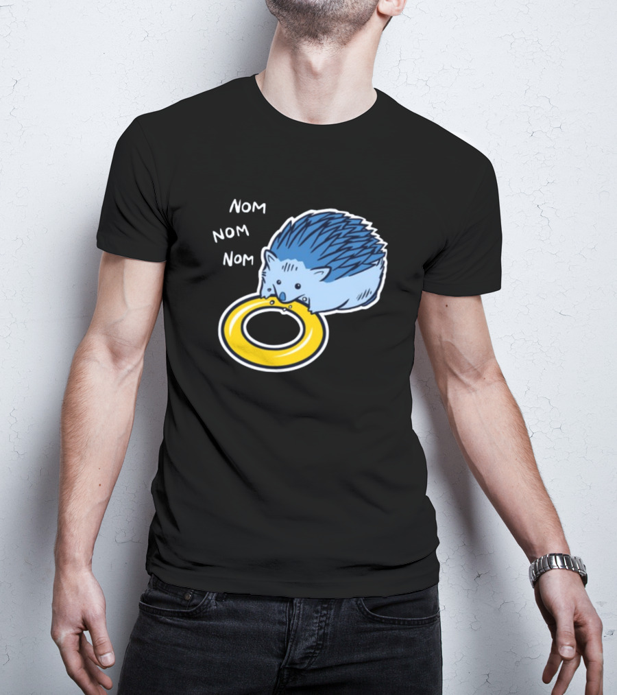 Sam Logan Hungry Blue Hedgehog Nom Nom Nom Eating Yellow Ring T-Shirt