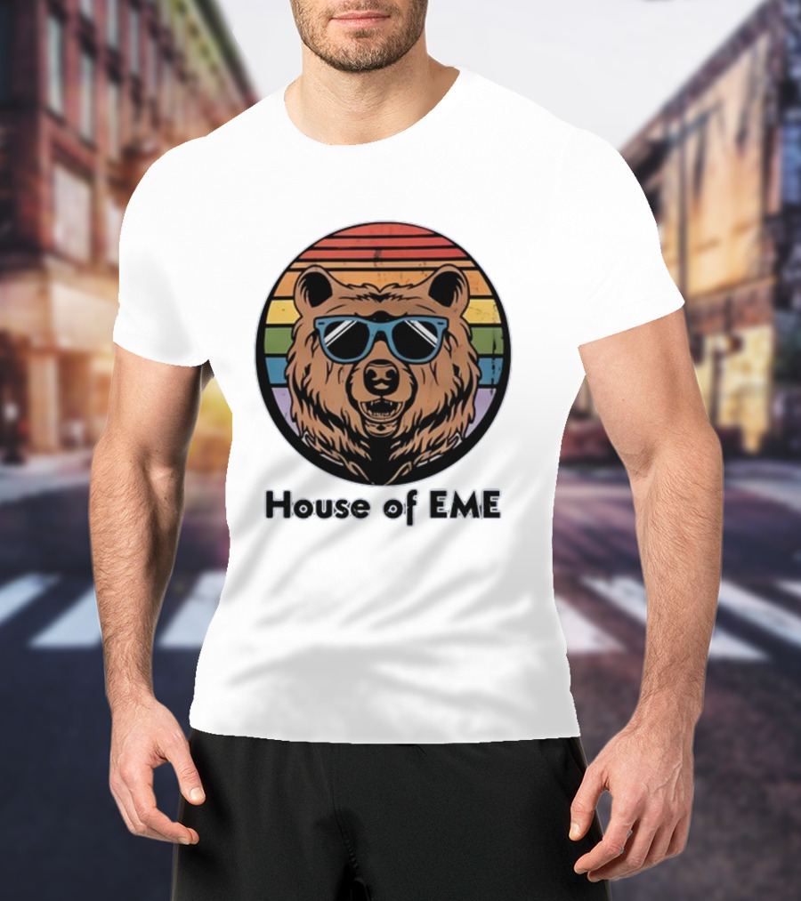 Migs Santillan House Of EME Bear Logo Sunglasses Rainbow Background T-Shirt