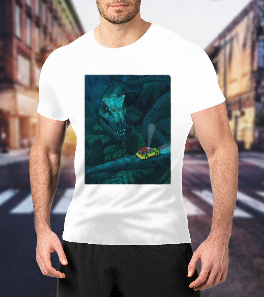Jurassic Park T-Rex And SUV Night Scene Rainy Adventure T-Shirt