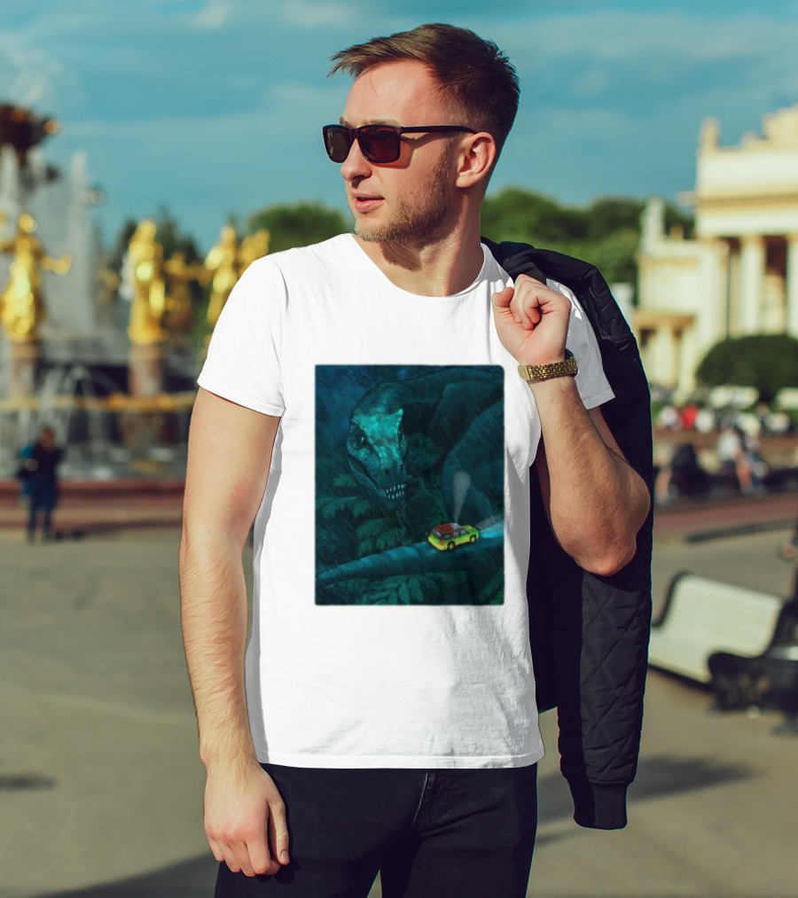 Jurassic Park T-Rex And SUV Night Scene Rainy Adventure T-Shirt