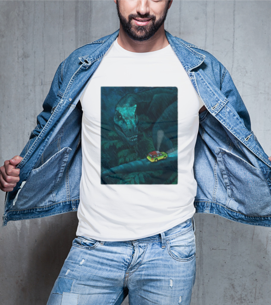 Jurassic Park T-Rex And SUV Night Scene Rainy Adventure T-Shirt