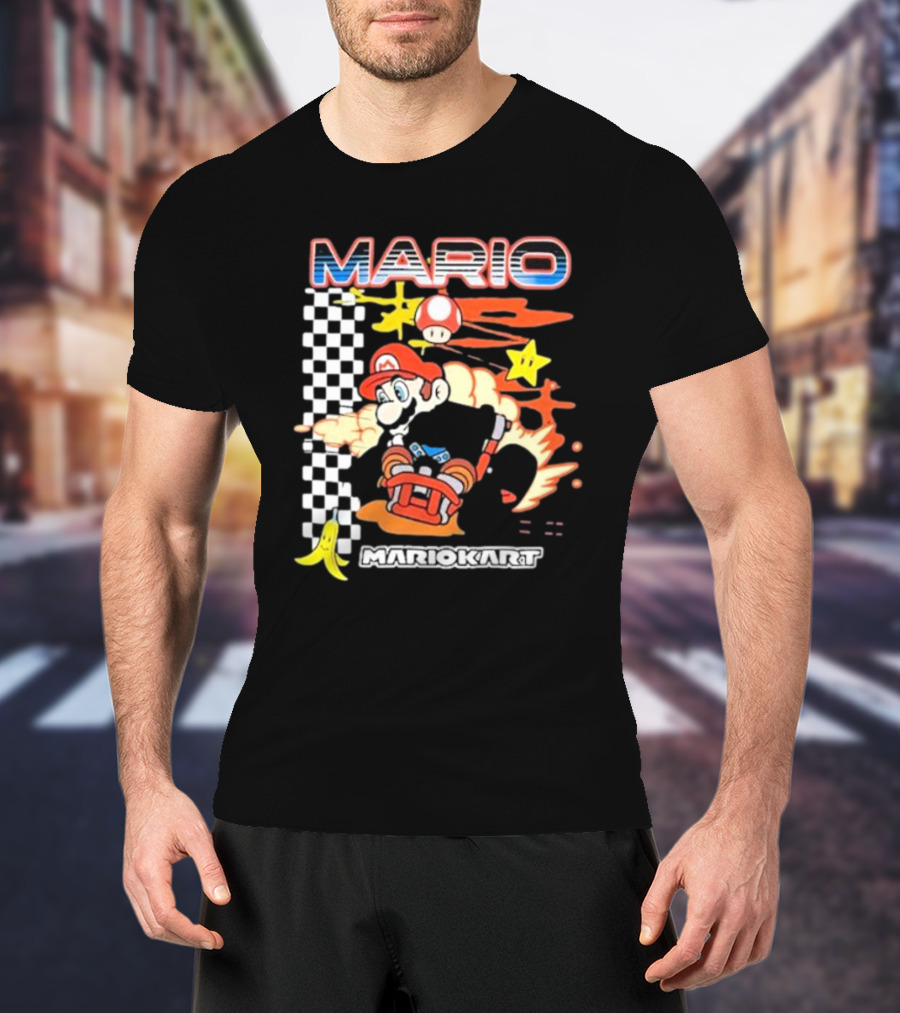 Mario Kart Racing Finish Line Checkered Flag Banana Stars T-Shirt