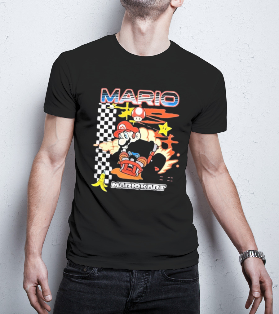 Mario Kart Racing Finish Line Checkered Flag Banana Stars T-Shirt