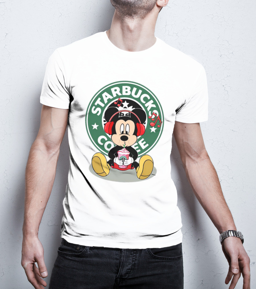 Mickey Mouse Listening To Music With Starbucks Coffee Cup T-Shirt