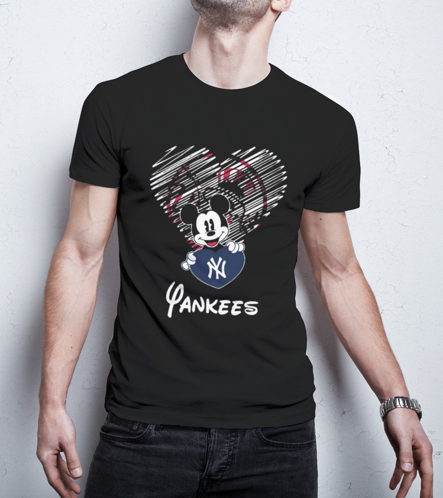 Mickey Mouse Yankees Heart Drawing T-Shirt