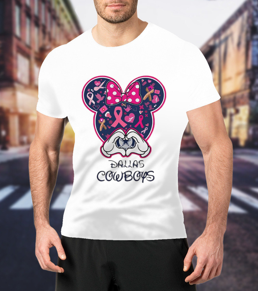 Minnie Mouse Pink Ribbon Heart Hands Dallas Cowboys Breast Cancer Awareness T-Shirt