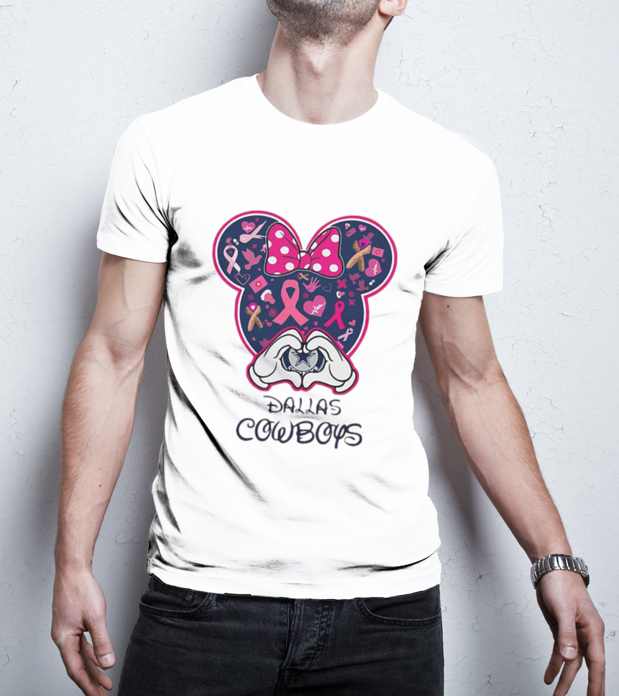 Minnie Mouse Pink Ribbon Heart Hands Dallas Cowboys Breast Cancer Awareness T-Shirt