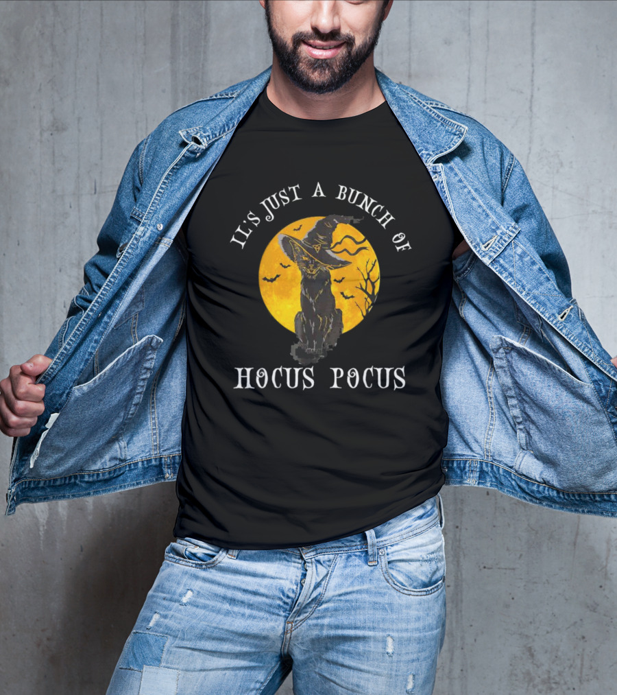 It's Just A Bunch Of Hocus Pocus Halloween Black Cat And Witch Hat With Full Moon T-Shirt
