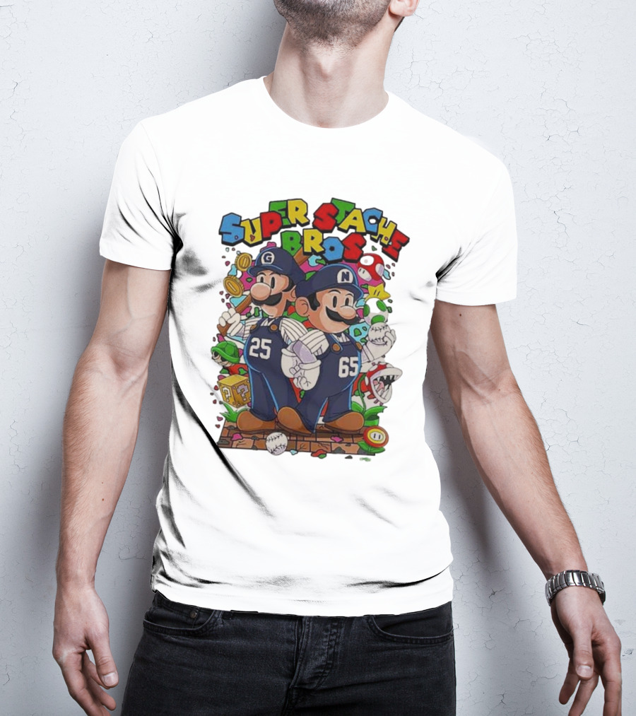 Super Stache Bros Numbers 25 And 65 Baseball Mario T-Shirt