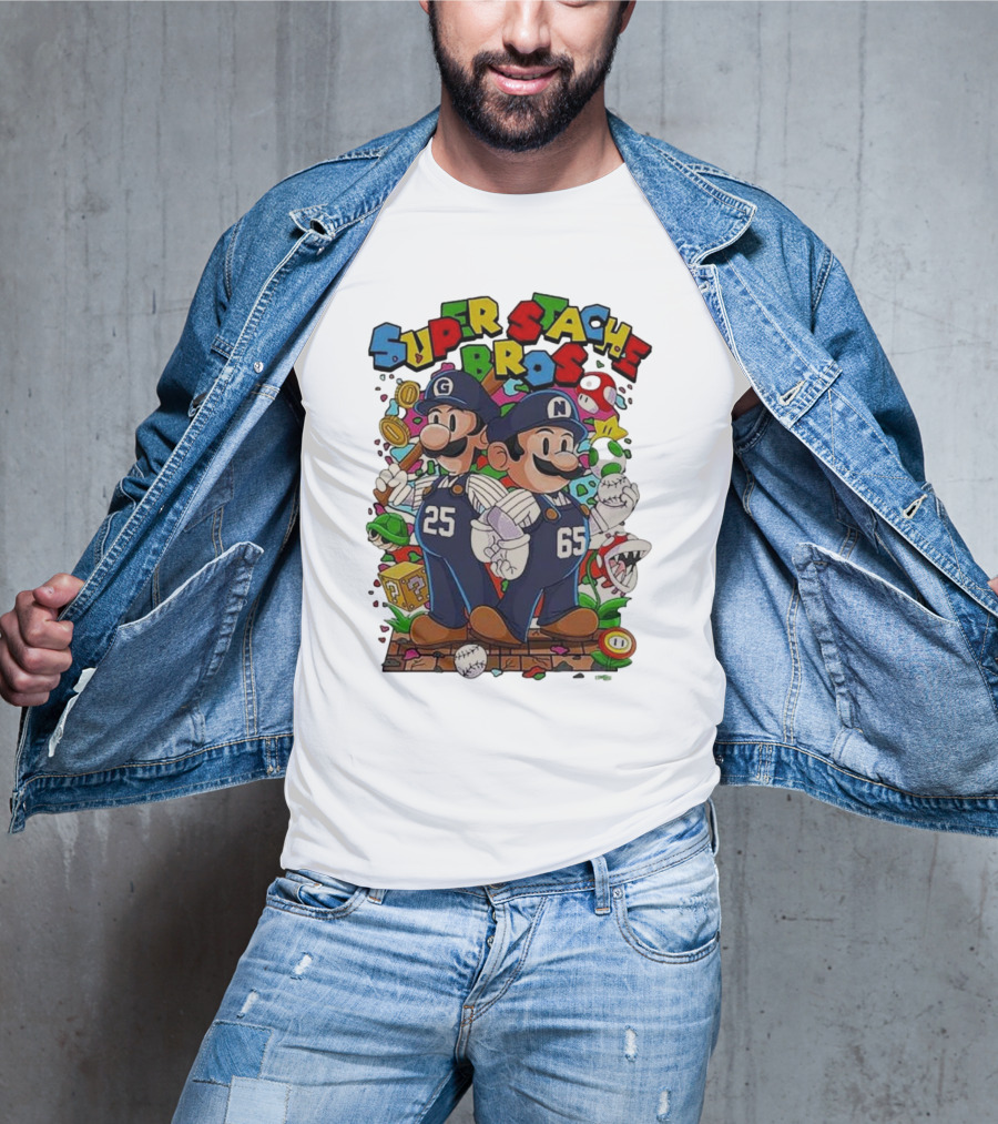 Super Stache Bros Numbers 25 And 65 Baseball Mario T-Shirt