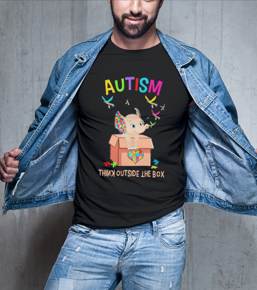 AUTISM Think Outside The Box Elephant With Puzzle Pieces And Butterflies T-Shirt